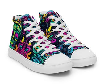 Women’s High-Top Canvas Shoes | Colorful All Over Print Festival Trainers | Psychedelic Rave Sneakers | Gift for her