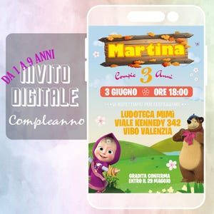 Invito Compleanno Digitale Grafica Personalizzata anni 2 3 4 5 6 7 8 9 bimbo bimba 1 anno bambino bambina Masha Orso