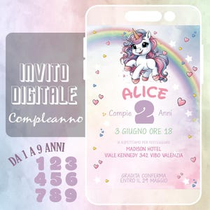 Invito Compleanno Digitale Grafica Personalizzata  anni 2 3 4 5 6 7 8 9 bimbo bimba 1 anno bambino bambina Unicorno little pony