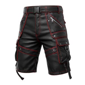 Men’s Black Leather Cargo Shorts with Red Stitching - Punk Rave Leather Shorts - Steampunk Festival Outfit - Fetish Leather Gay Shorts