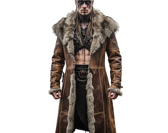 Handgemaakte leren Viking-bontjas - rand van imitatiebont, noords cosplaykostuum