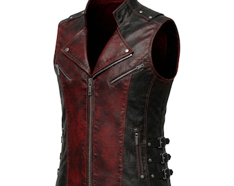 Handgefertigte Schwarze & Rote Leder Gothic Weste - Punk Biker Weste