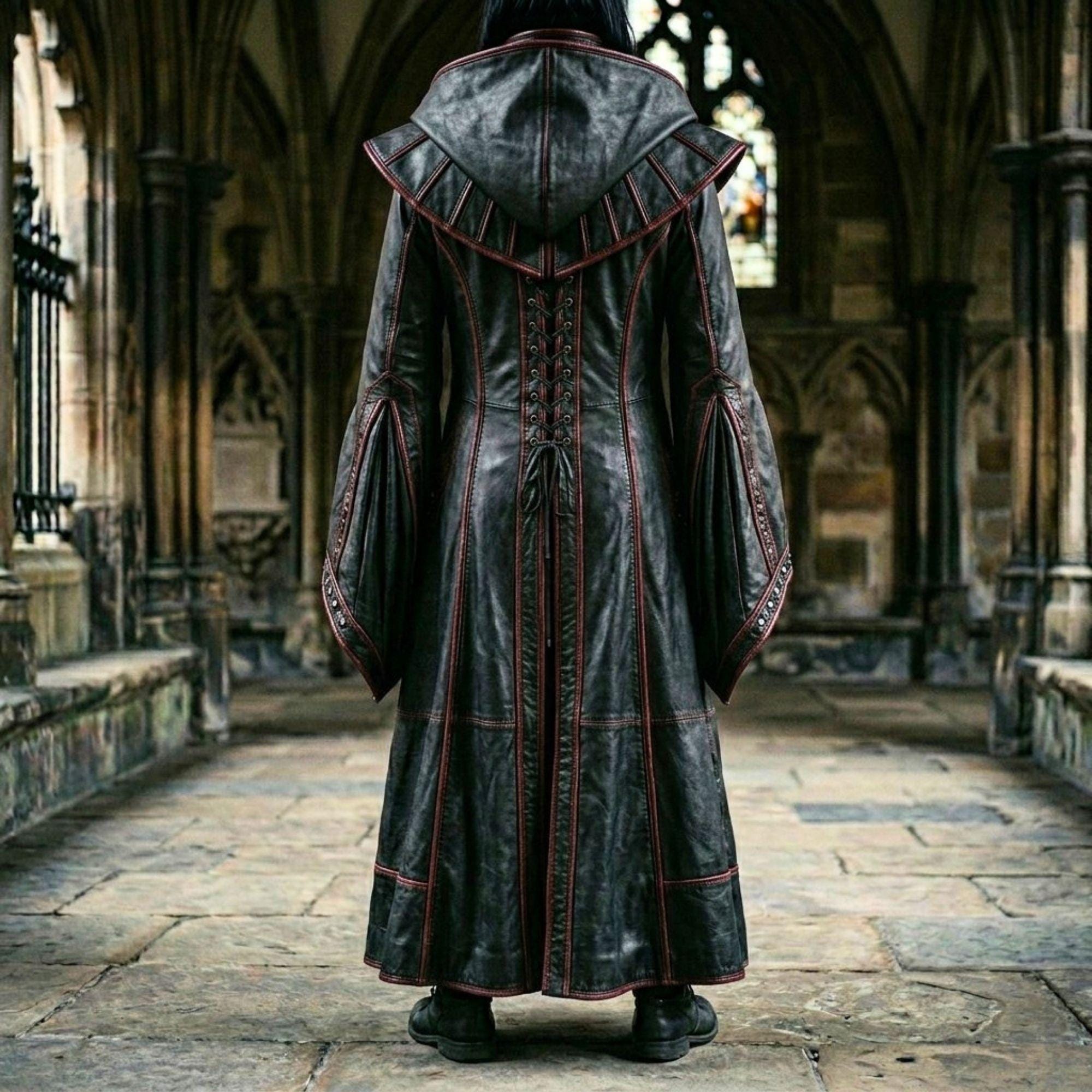 Vampire Robe Men Gothic Black Leather Hooded Coat - Medieval Vampire Robe for Cosplay ...