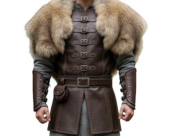 Handcrafted Viking Costume: Leather Tunic, Fur Mantle, Leather Bracers
