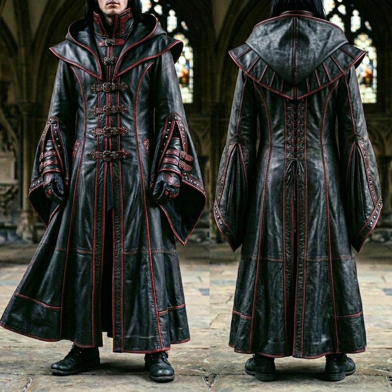 Vampire Robe Men Gothic Black Leather Hooded Coat - Medieval Vampire Robe for Cosplay ...