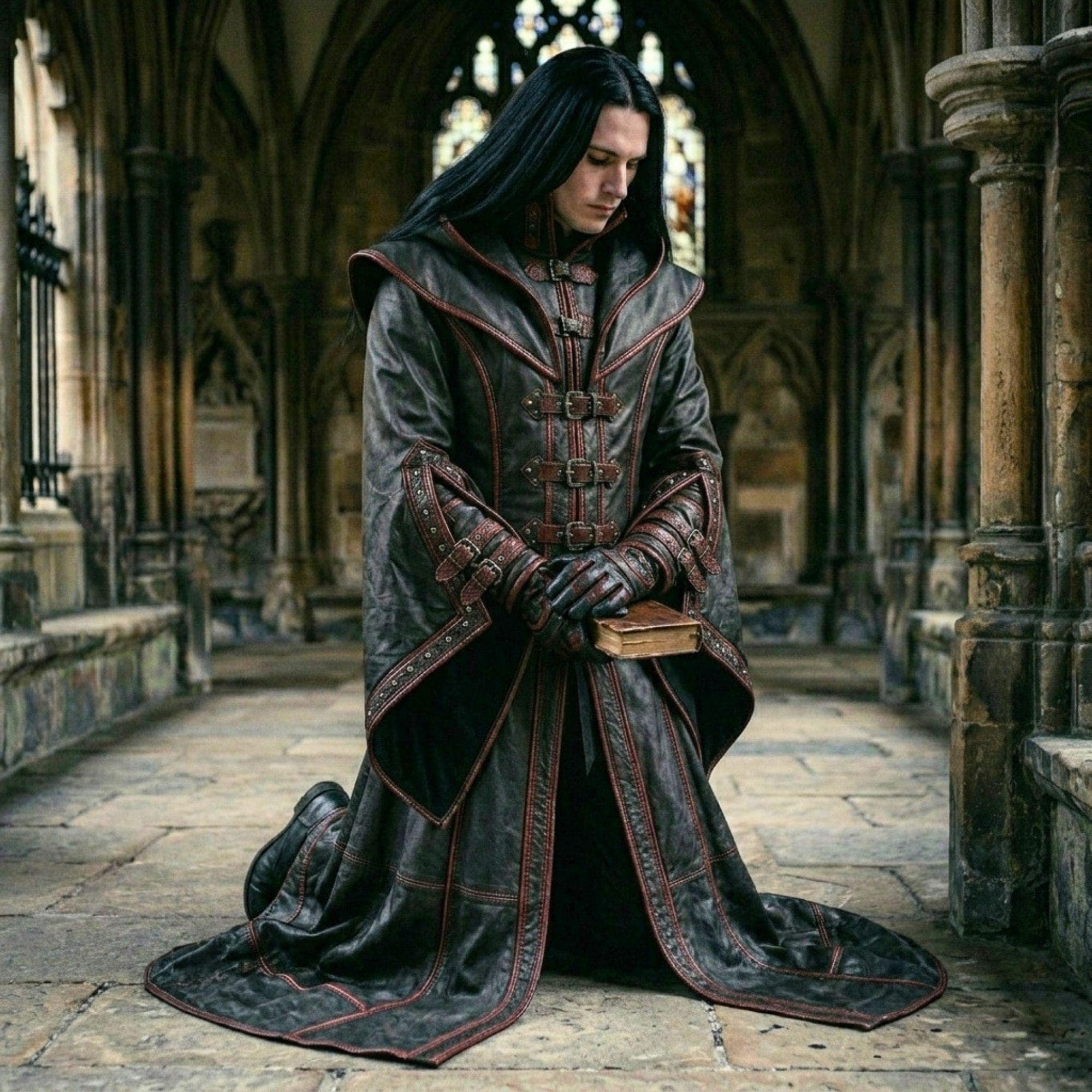 Vampire Robe Male Gothic Black Leather Hooded Coat - Medieval Vampire Robe for Cosplay ...