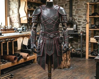 Könnte beinhalten: Eine komplette Rüstung aus schwarzem Leder mit roten Zierleisten, präsentiert auf einer Holzpuppe. Die Rüstung umfasst einen Brustpanzer, Schulterschutz, Armschützer, einen Rock und Handschuhe. Der Hintergrund zeigt eine Werkstatt mit Werkzeugen und Materialien.