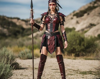 May include: A warrior costume featuring a burgundy and black leather bodice, skirt, and arm cuffs. The outfit includes matching knee-high boots and a feathered headdress. The warrior is holding a spear with bone accents, set against a desert backdrop.