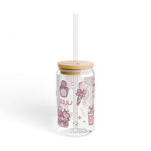 Pink Themed Sipper Glass, Cute 16oz Cup for Drinking Beverages, Fun Drinkware, Girly Tumbler, Pretty Water Glass, Unique Gift Idea