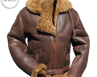 Men's Shearling Leather Aviator Jacket: Genuine Sheepskin B3 Bomber