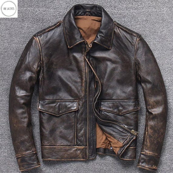 古着 a-2 real leather jacket dark brown Men's Distressed Brown Leather A2 Bomber Jacket: Vintage Biker