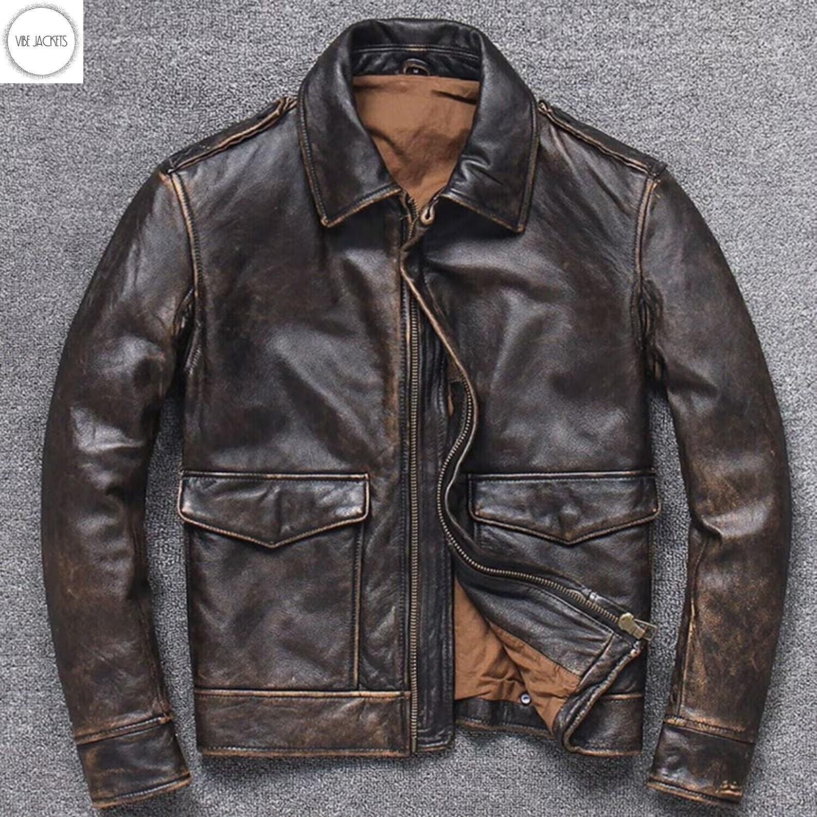 Men's Distressed Brown Leather A2 Bomber Jacket: Vintage Biker