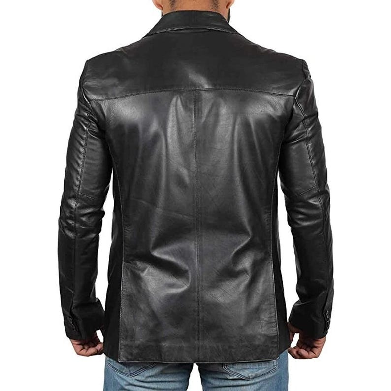 back view of Men's Black Sheepskin Dress Coat Real Leather Blazer Sport Coat Jacket