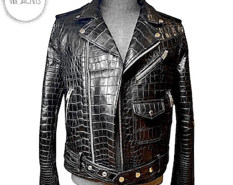 Crocodile Embossed Cowhide Leather Biker Jacket - Men's Moto Style