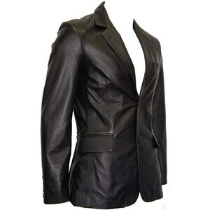 May include: A black leather blazer with a notched lapel, single-button closure, and a chest pocket. The jacket has a tailored fit and a classic design. The blazer is made of a smooth, supple leather.