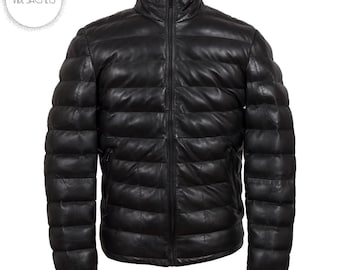 Men's Black Genuine Duck Down Sheepskin Leather Puffer Jacket: Quilted Winter Coat