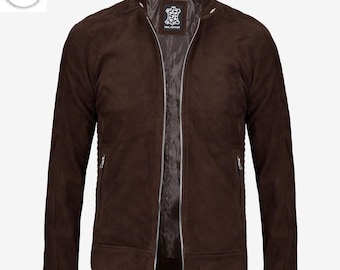 Men's Dark Brown Goat Suede Jacket: Quilted Shoulders, Snap Collar