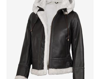 Women's Dark Brown Shearling Leather Bomber Jacket - Handmade Hooded Genuine Sheepskin Leather Coat