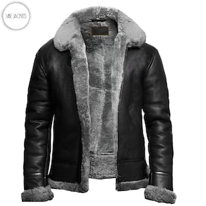 Men&#39;s Black Shearling B3 Bomber Jacket: Sheepskin Leather Aviator Coat