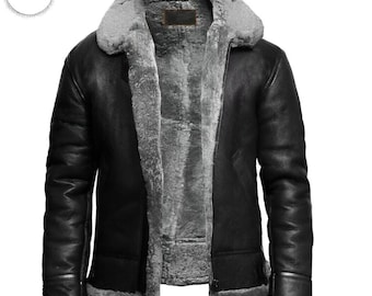 Men's Black Shearling B3 Bomber Jacket: Sheepskin Leather Aviator Coat