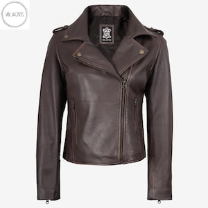 Distressed Dark Brown Sheepskin Leather Biker Jacket - Asymmetrical Zip