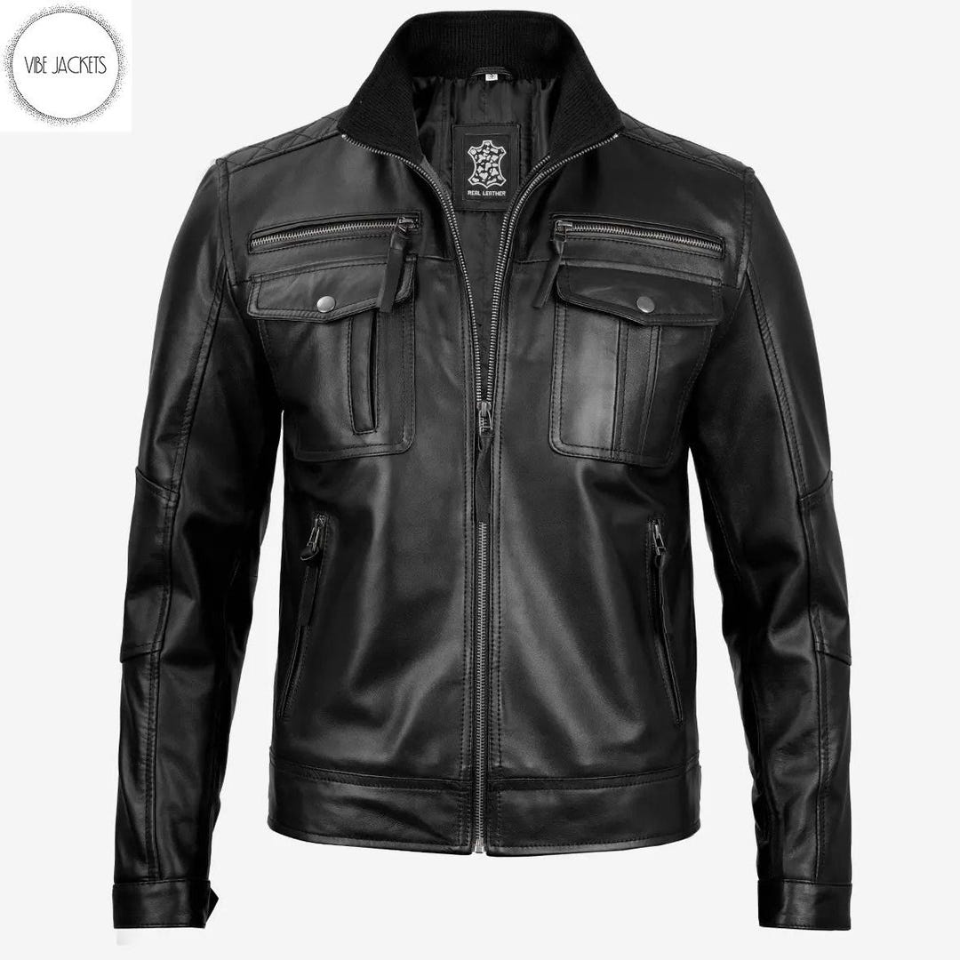 Men's Black Cafe Racer Leather Jacket: Handcrafted Sheepskin Biker Coat ...