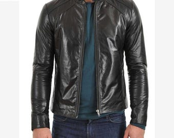 Men's Black Sheepskin Leather Biker Jacket: Slim Fit Cafe Racer