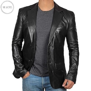 Men&#39;s Black Sheepskin Dress Coat, Real Leather Blazer Sport Coat Jacket, Standout Leather Sport Coat