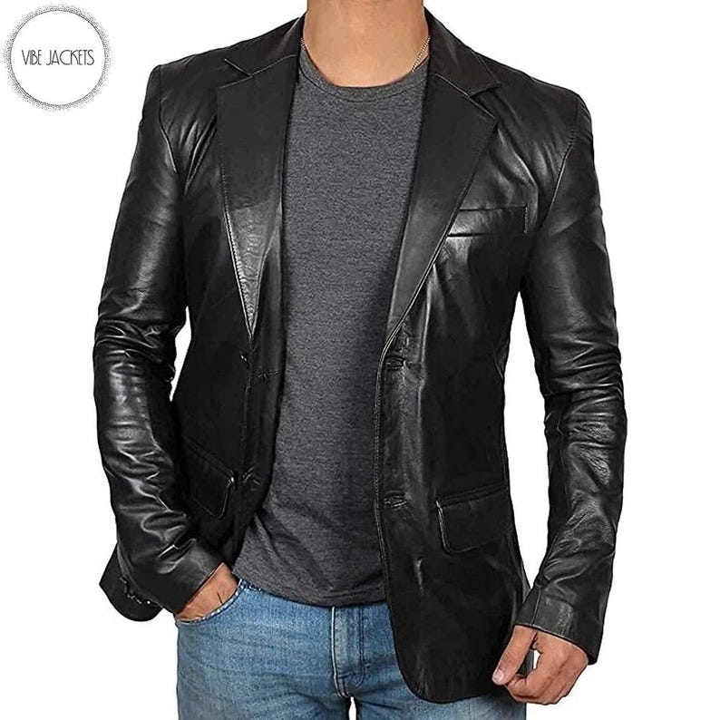 Men's Black Sheepskin Dress Coat Real Leather Blazer Sport Coat Jacket