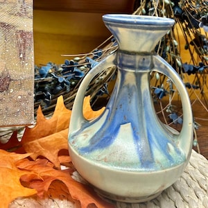 Japanese Art Pottery Vase with Drip Glaze | Mid-Century Double Handle Ceramic. Rare