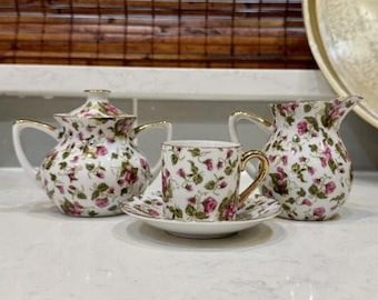 Norcrest Japan Chintz Tea Set | Vintage Floral Creamer, Sugar Bowl & Teacup