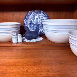Op de afbeelding: Een verzameling keramische kommen met blauw-witte strepen, een blauw-wit decoratief bord, een zwart kipvormig bakje en twee kleine zout- en pepervaatjes. De items zijn gerangschikt op een houten plank.