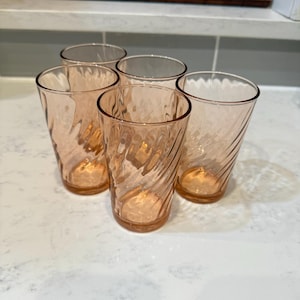 1930s Pink Depression Glass Swirl Tumblers – Set of 5 Tall Drinking Glasses