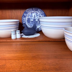 Op de afbeelding: Een verzameling keramische kommen met blauwe en beige strepen, een blauw-wit decoratief bord, een zwart kippenvormig bakje en twee zout- en pepervaatjes. De items worden tentoongesteld op een houten plank.