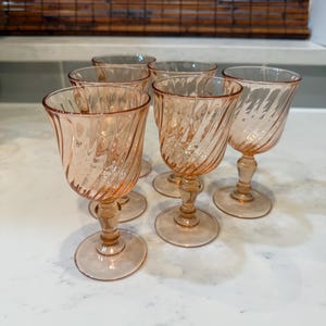 1930s Pink Depression Glass Swirl Stem Goblets – Set of 6 Elegant Wine or Water Glasses