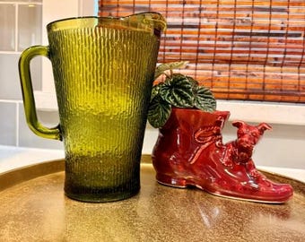 Vintage Jeannette Tree Bark Pitcher | Avocado Green Mid Century Glass