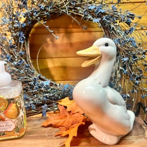 Vintage Upright Ceramic Goose Figurine | 1980s Glossy White Goose with Open Beak