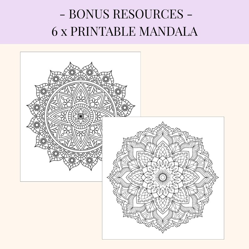 May include: Two black and white mandala designs on white paper. The mandalas are intricate, circular patterns with floral and geometric elements. The text at the top reads "- BONUS RESOURCES - 6 x PRINTABLE MANDALA".