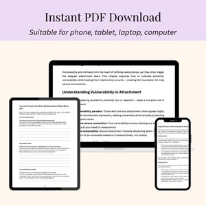May include: A digital download product displayed on a tablet, laptop, and phone. The text reads "Instant PDF Download" and "Suitable for phone, tablet, laptop, computer." The screens show content about vulnerability and attachment.
