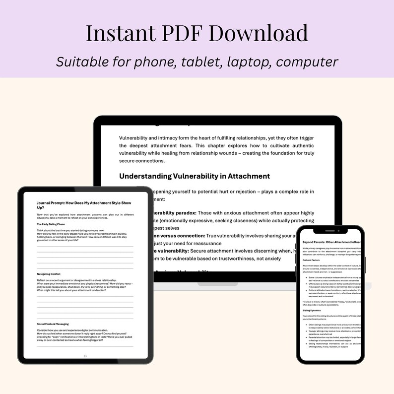 May include: A digital download product displayed on a tablet, laptop, and phone. The text reads "Instant PDF Download" and "Suitable for phone, tablet, laptop, computer." The screens show content about vulnerability and attachment.