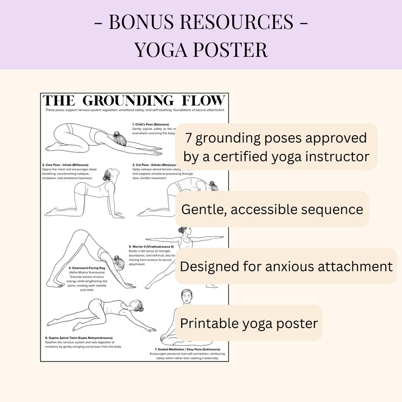 May include: A printable yoga poster with the title "The Grounding Flow" featuring illustrations of seven yoga poses. The poster includes text that says the poses are approved by a certified yoga instructor and designed for anxious attachment.