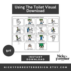 Peut inclure: Un guide visuel intitulé "Using The Toilet Visual Download" avec un "Toilet Communication Board" présentant les étapes pour utiliser les toilettes. Comprend le mot "Boy" dans un cercle. Le nom de la boutique Etsy et "Instant Download" sont également visibles.