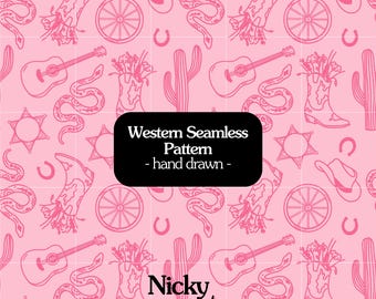 Western Seamless Pattern Pink: Western Digital Paper Pattern, Digital Scrapbook, Paper File, PNG Seamless Patterns, Cowboy, Seamless File