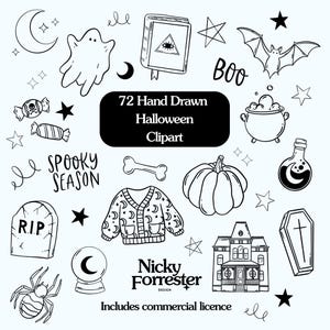 May include: A collection of 72 hand-drawn black and white Halloween clipart illustrations including a ghost, bat, pumpkin, cauldron, spider, tombstone, coffin, crystal ball, book with an eye, cardigan, and text reading 72 Hand Drawn Halloween Clipart.