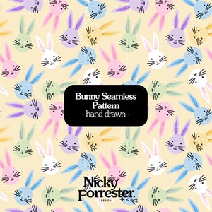 May include: A seamless pattern featuring hand-drawn bunny faces in pastel colors: pink, blue, purple, green, and white. The bunnies are arranged on a light yellow background. The text "Bunny Seamless Pattern - hand drawn -" is in a black rounded rectangle.