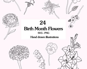 Geburtsmonat Blumen SVG Bundle: Handgezeichnete botanische Designs (SVG, PNG)