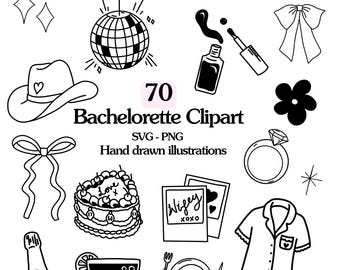 Bachelorette SVG PNG Clipart Bundle: Hand drawn whimsical wedding invitation, Party invite clipart, Hen do clipart, Bridal Line Drawings