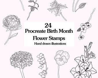 Birth Month Flower Procreate Stamps: Hand Drawn Floral Brushes Digital Download