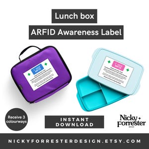 Könnte beinhalten: Eine lila Lunchbox und ein hellblauer Lunchbehälter mit dem Text "I HAVE ARFID" und "ARFID Awareness Label". Das Bild enthält auch den Text "Receive 3 colourways" und "INSTANT DOWNLOAD".
