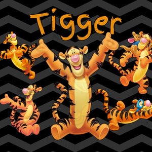 Könnte beinhalten: Illustration des Charakters Tigger aus Winnie Puuh. Das Bild zeigt Tigger in verschiedenen Posen, mit orangefarbenen und schwarzen Streifen, vor einem schwarzen und grauen Zickzack-Hintergrund. Das Wort "Tigger" ist orange geschrieben.